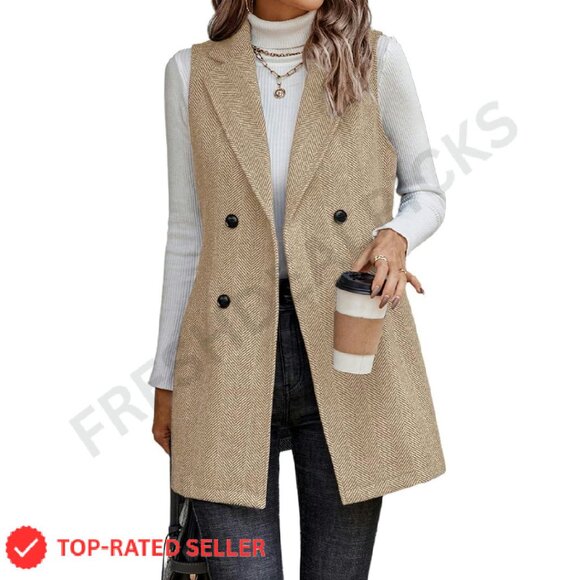 Long Sleeveless Tweed Blazer Vest Elegant Business Casual Outerwear Classic